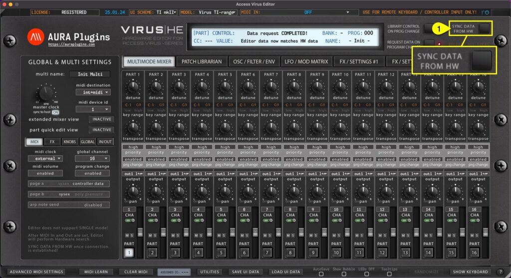 access virus editor sync data from hw